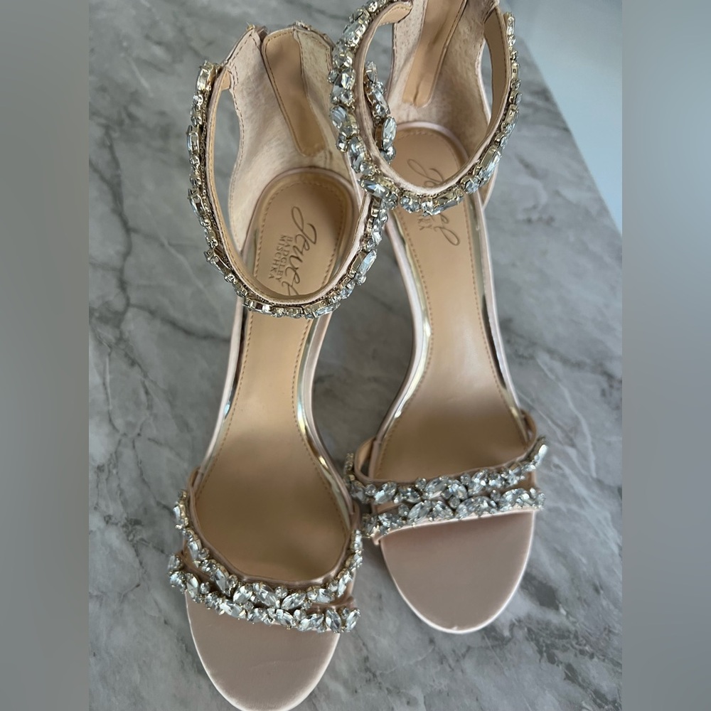 Badgley Mischka Caroline Embellished Ankle-Strap Evening Sandals (Size 9)